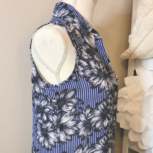 Button down sleeveless floral collared long length tunic blouse / dress - Picture 3 of 8